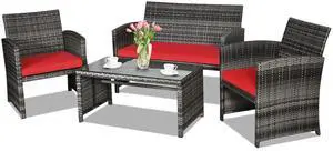 4-Piece Rattan Patio Furniture Set, Outdoor Wicker Conversation Sofa with Weather Resistant Cushions and Tempered Glass Tabletop for Lawn Backyard Pool Garden (Red) 4-Piece Rattan Patio Furniture Set, Outdoor Wicker Conversation Sofa with Weather Resistant Cushions and Tempered Glass Tabletop for Lawn Backyard Pool Garden (Red)