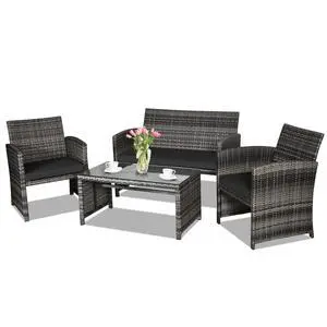 4-Piece Rattan Patio Furniture Set, Outdoor Wicker Conversation Sofa with Weather Resistant Cushions and Tempered Glass Tabletop for Lawn Backyard Pool Garden (Black) 4-Piece Rattan Patio Furniture Set, Outdoor Wicker Conversation Sofa with Weather Resistant Cushions and Tempered Glass Tabletop for Lawn Backyard Pool Garden (Black)