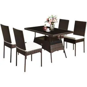 5 Piece Patio Wicker Dining Set, Outdoor Rattan Table and Chairs with w/Tempered Glass Table Top & Padded Cushions, Wicker Patio Conversation Furniture Set for Balcony Patio Garden Poolside 5 Piece Patio Wicker Dining Set, Outdoor Rattan Table and Chairs with w/Tempered Glass Table Top & Padded Cushions, Wicker Patio Conversation Furniture Set for Balcony Patio Garden Poolside