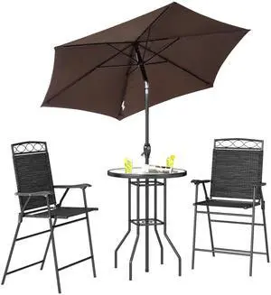 4 Piece Outdoor Patio Dining Furniture Set, 2 Folding Chairs, Adjustable Angle Umbrella, Wave Textured Tempered Glass Dinner Table, Black 4 Piece Outdoor Patio Dining Furniture Set, 2 Folding Chairs, Adjustable Angle Umbrella, Wave Textured Tempered Glass Dinner Table, Black