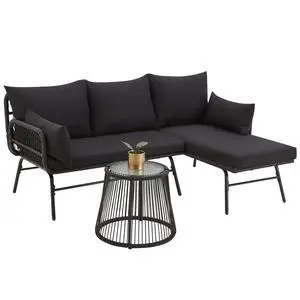 3 Piece Patio Conversation Sets, L-Shaped Sectional Patio Furniture Sofa Set with Thick Cushions and Toughened Glass Coffee Table for Backyard Balcony Garden Porch, Black 3 Piece Patio Conversation Sets, L-Shaped Sectional Patio Furniture Sofa Set with Thick Cushions and Toughened Glass Coffee Table for Backyard Balcony Garden Porch, Black
