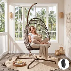 Modern Swinging Egg Chair with Stand and Cover, 350 Lbs Indoor Outdoor Hanging Rattan Hammock Chair with Cushion, Freestanding Eggshell Basket for Patio Balcony Bedroom Deck Pool, Brown Tan Modern Swinging Egg Chair with Stand and Cover, 350 Lbs Indoor Outdoor Hanging Rattan Hammock Chair with Cushion, Freestanding Eggshell Basket for Patio Balcony Bedroom Deck Pool, Brown Tan