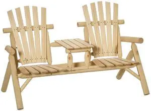 2-Seat Wooden Adirondack Chair, Patio Bench with Table, Outdoor Loveseat Fire Pit Chair for Porch, Backyard, Deck, Natural 2-Seat Wooden Adirondack Chair, Patio Bench with Table, Outdoor Loveseat Fire Pit Chair for Porch, Backyard, Deck, Natural