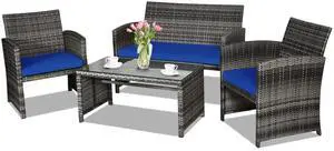 4-Piece Rattan Patio Furniture Set, Outdoor Wicker Conversation Sofa with Weather Resistant Cushions and Tempered Glass Tabletop for Lawn Backyard Pool Garden (Blue) 4-Piece Rattan Patio Furniture Set, Outdoor Wicker Conversation Sofa with Weather Resistant Cushions and Tempered Glass Tabletop for Lawn Backyard Pool Garden (Blue)