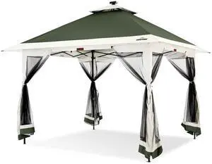 Suntime 12 x 12 Instant Pop Up Gazebo Polyester Canopy Tent Shelter with Solar LED Lights, 4 Zippered Screens, and Powder Coated Steel Frame, Green Suntime 12 x 12 Instant Pop Up Gazebo Polyester Canopy Tent Shelter with Solar LED Lights, 4 Zippered Screens, and Powder Coated Steel Frame, Green