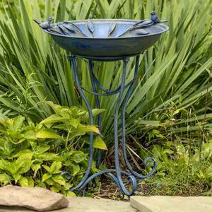 Deep Well Made Metal Birdbath with 2 Cast Iron Birds and Leaf Decoration (Frosted Blue) Deep Well Made Metal Birdbath with 2 Cast Iron Birds and Leaf Decoration (Frosted Blue)