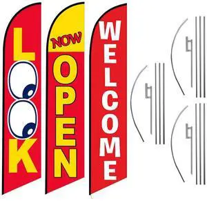 Three Swooper Flag Combo Look Now Open Welcome Red White Advertising Signs With 3 Pole Kits & 3 Ground Spikes Three Swooper Flag Combo Look Now Open Welcome Red White Advertising Signs With 3 Pole Kits & 3 Ground Spikes