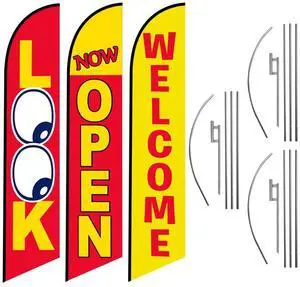 Three Swooper Flag Combo Look Now Open Welcome Yellow Red Advertising W/Pole kits and Ground Spikes - Complete 3 sets Three Swooper Flag Combo Look Now Open Welcome Yellow Red Advertising W/Pole kits and Ground Spikes - Complete 3 sets