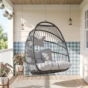 Outdoor Hanging Egg Chair Without Stand, Foldable Rattan Wicker Swing Basket, 350 Lbs Heavy-Duty Hammock Chair with Cushion & Pillow for Patio Balcony Bedroom Garden Ceiling Tree, Light Gray Outdoor Hanging Egg Chair Without Stand, Foldable Rattan Wicker Swing Basket, 350 Lbs Heavy-Duty Hammock Chair with Cushion & Pillow for Patio Balcony Bedroom Garden Ceiling Tree, Light Gray