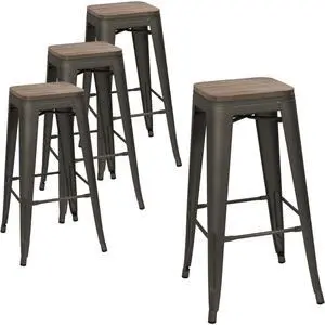 Metal Bar Stool 30'' Indoor Outdoor Stackable Barstools Modern Industrial Square Wood Top Bar Stools Set of 4 (30 inch, Gun) Metal Bar Stool 30'' Indoor Outdoor Stackable Barstools Modern Industrial Square Wood Top Bar Stools Set of 4 (30 inch, Gun)