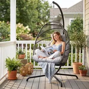 Outdoor Egg Chair with Stand, Foldable Wicker Egg Chair Swing with Thickened Cushion, 350 Lbs Stable Alloy Steel Frame Hanging Hammock Chair for Apartment Small Balcony Backyard, Light Gray Outdoor Egg Chair with Stand, Foldable Wicker Egg Chair Swing with Thickened Cushion, 350 Lbs Stable Alloy Steel Frame Hanging Hammock Chair for Apartment Small Balcony Backyard, Light Gray