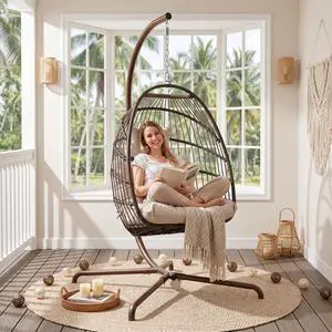 Egg Swing Chair with Stand, 350 Lbs Heavy-Duty Hanging Chair with Stand & Soft Cushion, UV-Resistant Foldable PE Rattan Hammock for Outside Deck Backyard Lanai Sunroom, Brown & Tan Egg Swing Chair with Stand, 350 Lbs Heavy-Duty Hanging Chair with Stand & Soft Cushion, UV-Resistant Foldable PE Rattan Hammock for Outside Deck Backyard Lanai Sunroom, Brown & Tan