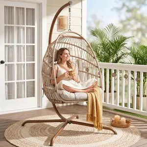 Hanging Egg Chair with Stand, 350 Lbs Capacity Boho Wicker Egg Swing Chair with Cozy Tufted Cushion, Foldable All-Weather Hammock Seat for Patio Porch Lawn Garden Bedroom Indoor, Beige Hanging Egg Chair with Stand, 350 Lbs Capacity Boho Wicker Egg Swing Chair with Cozy Tufted Cushion, Foldable All-Weather Hammock Seat for Patio Porch Lawn Garden Bedroom Indoor, Beige
