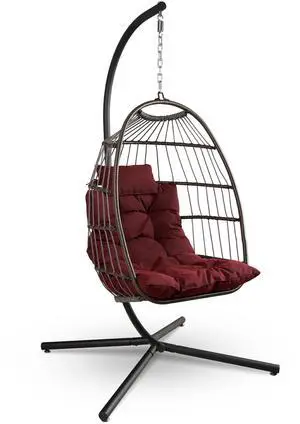 Hanging Egg Chair w/Stand - Wicker Rattan Swing, Padded Cushion | Foldable Design, Weather-Resistant Cushion & Padded Headrest Included, 350 lb Capacity, Great for Patio, Backyard & Bedroom Hanging Egg Chair w/Stand - Wicker Rattan Swing, Padded Cushion | Foldable Design, Weather-Resistant Cushion & Padded Headrest Included, 350 lb Capacity, Great for Patio, Backyard & Bedroom