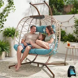 Double Egg Chair Outdoor Indoor, Oversized Swing with Stand for 2, All-Weather Rattan Hanging Loveseat Comfy, Patio Swing Seat with Cushion & Cover for Living Room, Porch, Beige & Teal Double Egg Chair Outdoor Indoor, Oversized Swing with Stand for 2, All-Weather Rattan Hanging Loveseat Comfy, Patio Swing Seat with Cushion & Cover for Living Room, Porch, Beige & Teal