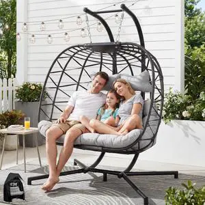 Double Egg Chair Outdoor Indoor, Oversized Swing with Stand for 2, All-Weather Rattan Hanging Loveseat Cozy, Patio Swinging Seat with Cushion & Cover for Living Room, Porch, Light Gray Double Egg Chair Outdoor Indoor, Oversized Swing with Stand for 2, All-Weather Rattan Hanging Loveseat Cozy, Patio Swinging Seat with Cushion & Cover for Living Room, Porch, Light Gray