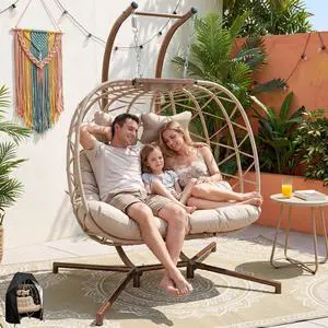 Double Egg Chair Outdoor Indoor, Oversized Swing w/Stand for 2, All-Weather Rattan Hanging Loveseat Comfy, Patio Swinging Seat w/Cushion & Cover for Living Room, Porch, Deck, Beige Double Egg Chair Outdoor Indoor, Oversized Swing w/Stand for 2, All-Weather Rattan Hanging Loveseat Comfy, Patio Swinging Seat w/Cushion & Cover for Living Room, Porch, Deck, Beige