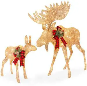 2-Piece Moose Family, Lighted Outdoor All-Weather Christmas Yard Decoration Light-Up Décor Set w/ 170 LED Lights, Ground Stakes, Zip Ties - Gold 2-Piece Moose Family, Lighted Outdoor All-Weather Christmas Yard Decoration Light-Up Décor Set w/ 170 LED Lights, Ground Stakes, Zip Ties - Gold
