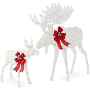 2-Piece Moose Family, Lighted Outdoor All-Weather Christmas Yard Decoration Light-Up Décor Set w/ 170 LED Lights, Ground Stakes, Zip Ties - White 2-Piece Moose Family, Lighted Outdoor All-Weather Christmas Yard Decoration Light-Up Décor Set w/ 170 LED Lights, Ground Stakes, Zip Ties - White