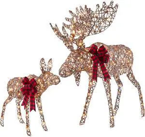 2-Piece Moose Family, Lighted Outdoor All-Weather Christmas Yard Decoration Light-Up Décor Set w/ 170 LED Lights, Ground Stakes, Zip Ties - Rattan 2-Piece Moose Family, Lighted Outdoor All-Weather Christmas Yard Decoration Light-Up Décor Set w/ 170 LED Lights, Ground Stakes, Zip Ties - Rattan