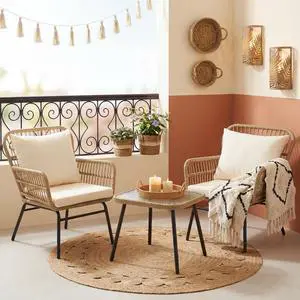 3 Pieces Boho Small Outdoor Patio Chair Set with Thick Cushion and Glass Table, Rattan Wicker Chair, Bistro Set for Garden Balcony Deck Porch Backyard Apartment, Beige 3 Pieces Boho Small Outdoor Patio Chair Set with Thick Cushion and Glass Table, Rattan Wicker Chair, Bistro Set for Garden Balcony Deck Porch Backyard Apartment, Beige