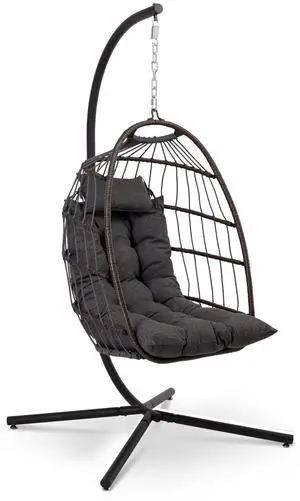 Hanging Egg Chair w/Stand - Wicker Rattan Swing, Padded Cushion | Foldable Design, Weather-Resistant Cushion & Padded Headrest Included, 350 lb Capacity, Great for Patio, Backyard & Bedroom Hanging Egg Chair w/Stand - Wicker Rattan Swing, Padded Cushion | Foldable Design, Weather-Resistant Cushion & Padded Headrest Included, 350 lb Capacity, Great for Patio, Backyard & Bedroom