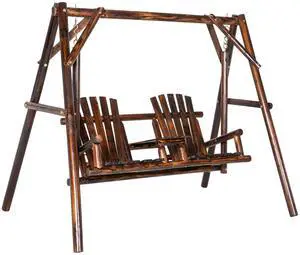 Wooden Porch Swing with Stand, 2-Seat Patio Swing Chair with Center Table, for Garden, Poolside, Backyard Wooden Porch Swing with Stand, 2-Seat Patio Swing Chair with Center Table, for Garden, Poolside, Backyard