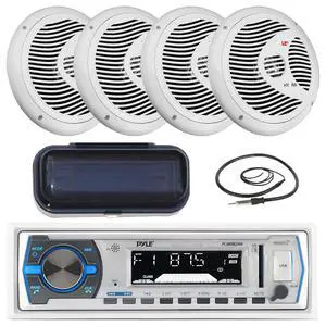 Single DIN Marine Bluetooth USB/AM/FM Stereo Receiver with Remote Control, 4X 6.5 150 Watt Max 2 Way White Boat Speakers, Cover, Antenna Single DIN Marine Bluetooth USB/AM/FM Stereo Receiver with Remote Control, 4X 6.5 150 Watt Max 2 Way White Boat Speakers, Cover, Antenna