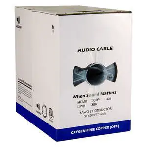 Audio Cable, 16AWG, 2 Conductor, 65 Strand, 500 ft, PVC Jacket, Pull Box, Black Audio Cable, 16AWG, 2 Conductor, 65 Strand, 500 ft, PVC Jacket, Pull Box, Black