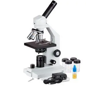 M500-LED Cordless Monocular Compound Microscope, WF10x Eyepiece, 40x-1000x Magnification, Anti-Mold Optics, LED Illumination, Brightfield, Abbe Condenser, Coarse and Fine Focus, Plain Stage, 110V or B M500-LED Cordless Monocular Compound Microscope, WF10x Eyepiece, 40x-1000x Magnification, Anti-Mold Optics, LED Illumination, Brightfield, Abbe Condenser, Coarse and Fine Focus, Plain Stage, 110V or B