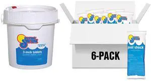 Shock and Chlorine Bundle for Sanitizing Swimming Pools Includes 6 x 1 Pound Bags of 68% Cal-Hypo Pool Shock and 10 Pound Bucket of 3 Inch Stabilized Chlorine Tablets Shock and Chlorine Bundle for Sanitizing Swimming Pools Includes 6 x 1 Pound Bags of 68% Cal-Hypo Pool Shock and 10 Pound Bucket of 3 Inch Stabilized Chlorine Tablets