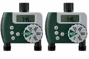 Programmable Digital Hose Watering Timer - 2 Outlet - Battery Powered - with LCD Screen - Built-in Rain Delay - Water-Resistant - 58910 (2, Green) Programmable Digital Hose Watering Timer - 2 Outlet - Battery Powered - with LCD Screen - Built-in Rain Delay - Water-Resistant - 58910 (2, Green)