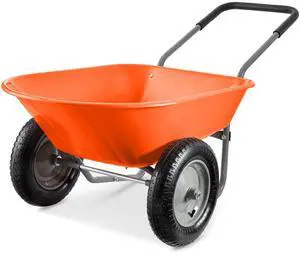 Dual-Wheel Home Utility Yard Wheelbarrow Garden Cart w/Built-in Stand for Lawn, Gardening, Construction - Orange Dual-Wheel Home Utility Yard Wheelbarrow Garden Cart w/Built-in Stand for Lawn, Gardening, Construction - Orange