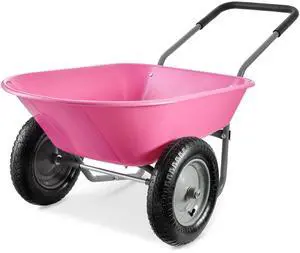 Dual-Wheel Home Utility Yard Wheelbarrow Garden Cart w/Built-in Stand for Lawn, Gardening, Construction - Pink Dual-Wheel Home Utility Yard Wheelbarrow Garden Cart w/Built-in Stand for Lawn, Gardening, Construction - Pink