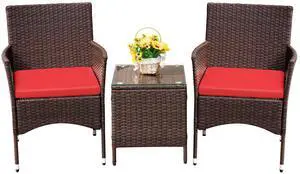 Patio Porch Furniture Sets 3 Pieces PE Rattan Wicker Chairs with Table Outdoor Garden Furniture Sets (Brown/Red) Patio Porch Furniture Sets 3 Pieces PE Rattan Wicker Chairs with Table Outdoor Garden Furniture Sets (Brown/Red)