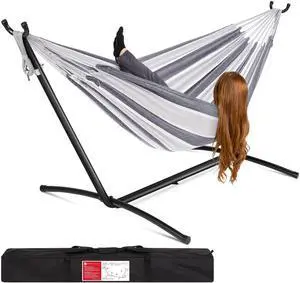 Double Hammock with Steel Stand, Indoor Outdoor Brazilian-Style Cotton Bed w/Carrying Bag, 2-Person Capacity - Steel Double Hammock with Steel Stand, Indoor Outdoor Brazilian-Style Cotton Bed w/Carrying Bag, 2-Person Capacity - Steel