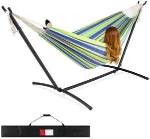 Double Hammock with Steel Stand, Indoor Outdoor Brazilian-Style Cotton Bed w/Carrying Bag, 2-Person Capacity - Blue/Green Stripes Double Hammock with Steel Stand, Indoor Outdoor Brazilian-Style Cotton Bed w/Carrying Bag, 2-Person Capacity - Blue/Green Stripes