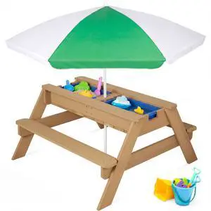 Kids 3-in-1 Sand & Water Table, Wood Outdoor Convertible Picnic Table w/Umbrella, 2 Trays, Removable Top - Green Kids 3-in-1 Sand & Water Table, Wood Outdoor Convertible Picnic Table w/Umbrella, 2 Trays, Removable Top - Green