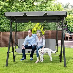 3-Seat Patio Swing Chair, Outdoor Porch Swing with Adjustable Canopy and Durable Steel Frame for Patio, Garden, Poolside(Grey) 3-Seat Patio Swing Chair, Outdoor Porch Swing with Adjustable Canopy and Durable Steel Frame for Patio, Garden, Poolside(Grey)