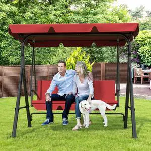 3-Seat Patio Swing Chair, Outdoor Porch Swing with Adjustable Canopy and Durable Steel Frame for Patio, Garden, Poolside(Red) 3-Seat Patio Swing Chair, Outdoor Porch Swing with Adjustable Canopy and Durable Steel Frame for Patio, Garden, Poolside(Red)