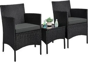 3 Pieces Patio Porch Furniture Set, Outdoor PE Rattan Wicker Conversation Set with Soft Cushions, Glass Coffee Table & 2 Chairs for Garden/Deck/Courtyard/Poolside, Black/Gray 3 Pieces Patio Porch Furniture Set, Outdoor PE Rattan Wicker Conversation Set with Soft Cushions, Glass Coffee Table & 2 Chairs for Garden/Deck/Courtyard/Poolside, Black/Gray