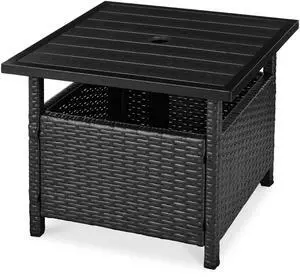 Wicker Side Table with Umbrella Hole, Square PE Rattan Outdoor End Table for Patio, Garden, Poolside, Deck w/UV-Resistant Frame, Storage Space - Black Wicker Side Table with Umbrella Hole, Square PE Rattan Outdoor End Table for Patio, Garden, Poolside, Deck w/UV-Resistant Frame, Storage Space - Black