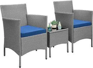 3 Pieces Patio Porch Furniture Set, Outdoor PE Rattan Wicker Conversation Set with Soft Cushions, Glass Coffee Table & 2 Chairs for Garden/Deck/Courtyard/Poolside, Gray/Dark Blue 3 Pieces Patio Porch Furniture Set, Outdoor PE Rattan Wicker Conversation Set with Soft Cushions, Glass Coffee Table & 2 Chairs for Garden/Deck/Courtyard/Poolside, Gray/Dark Blue