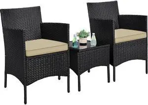 3 Pieces Patio Conversation Set, Outdoor Rattan Bistro Furniture, 2 Chairs with Cushions & 1 Side Table for Bistro/Porch/Garden/Deck/Courtyard, Black/Khaki 3 Pieces Patio Conversation Set, Outdoor Rattan Bistro Furniture, 2 Chairs with Cushions & 1 Side Table for Bistro/Porch/Garden/Deck/Courtyard, Black/Khaki
