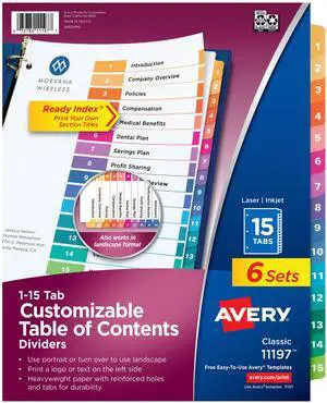 Avery Ready Index 15 Tab Dividers, Customizable TOC, 6 Sets (11197) Avery Ready Index 15 Tab Dividers, Customizable TOC, 6 Sets (11197)