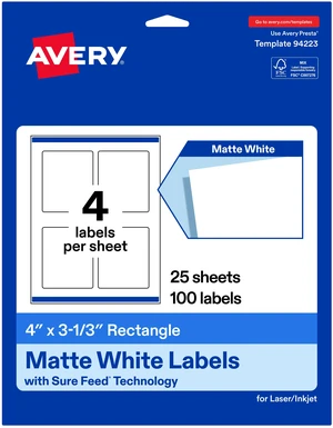 Avery® Matte White Rectangle Labels, 4" x 3-1/3", 100 Labels Avery® Matte White Rectangle Labels, 4" x 3-1/3", 100 Labels