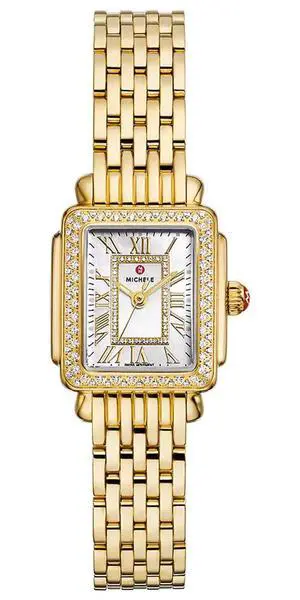 Michele Deco Madison Mini 18K Gold-Plated Steel Diamonds Mother-of-Pearl Dial Rectangle Womens Watch MWW06D000173 Michele Deco Madison Mini 18K Gold-Plated Steel Diamonds Mother-of-Pearl Dial Rectangle Womens Watch MWW06D000173