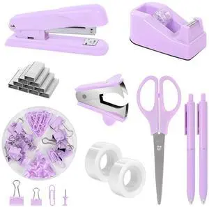 Purple Desk Accessories, Purple Office Supplies Set, Stapler, Tape Dispenser, Scissors, Binder/Paper Clips and 1000pcs Staples,Office Supplies for Women Purple Desk Accessories, Purple Office Supplies Set, Stapler, Tape Dispenser, Scissors, Binder/Paper Clips and 1000pcs Staples,Office Supplies for Women