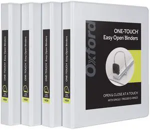 3 Ring Binders, Binders for School and Office, 1 Inch ONE-Touch Easy Open D Rings, 3-Sided View Binder Covers, Xtralife Hinge, Non-Stick, PVC-Free,White, 250-Sheet Capacity, 4 Pack (79904) 3 Ring Binders, Binders for School and Office, 1 Inch ONE-Touch Easy Open D Rings, 3-Sided View Binder Covers, Xtralife Hinge, Non-Stick, PVC-Free,White, 250-Sheet Capacity, 4 Pack (79904)