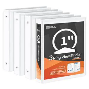 3 Ring Binders 1 Inch Economy 4 Packs White, 1" Three Ring (Fits 175 Sheets of 8.5x11 Paper) Clear View PVC-Free & Non-Stick for School or Office Supplies 3 Ring Binders 1 Inch Economy 4 Packs White, 1" Three Ring (Fits 175 Sheets of 8.5x11 Paper) Clear View PVC-Free & Non-Stick for School or Office Supplies